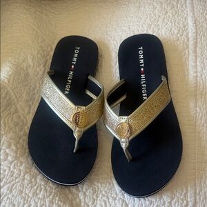 Tommy Hilfiger Gold and Black Women's Flip Flops